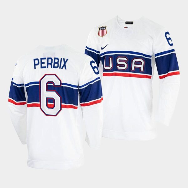 Exquisite USA Hockey #6 Nick Perbix Men's 2022 Beijing Winter Olympic Home Jersey White as a prized hockey collectible