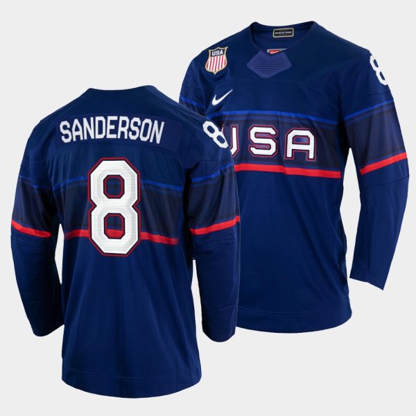 Captivating USA Hockey #8 Jake Sanderson Men's 2022 Beijing Winter Olympic Away Jersey Navy for a memorable match day